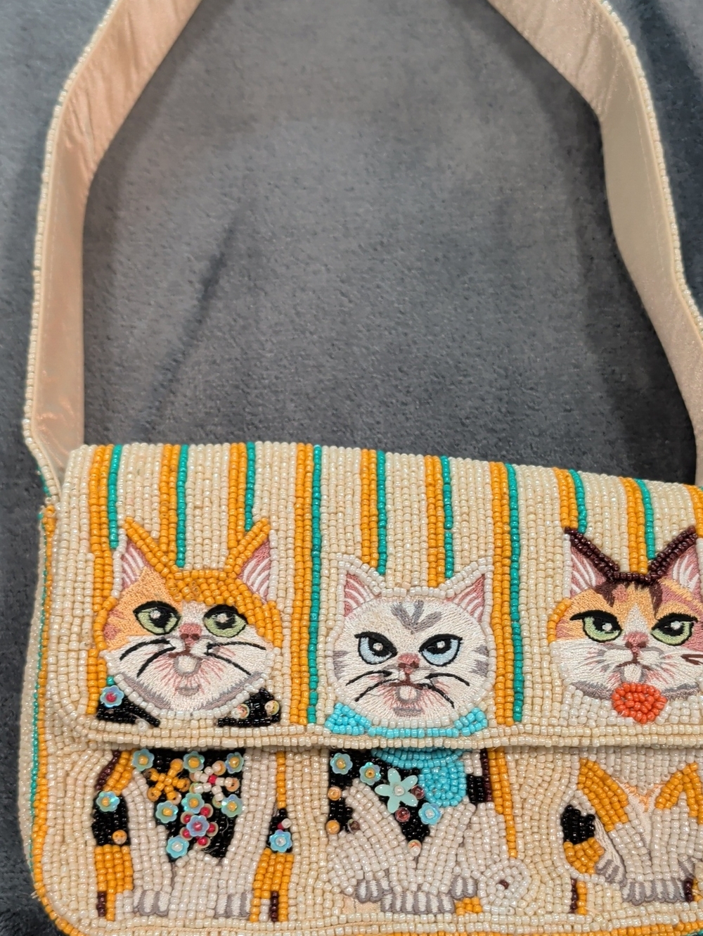 One Of A Kind Beaded Bag Three Cats Shoulder Bag in Cream and Mustard